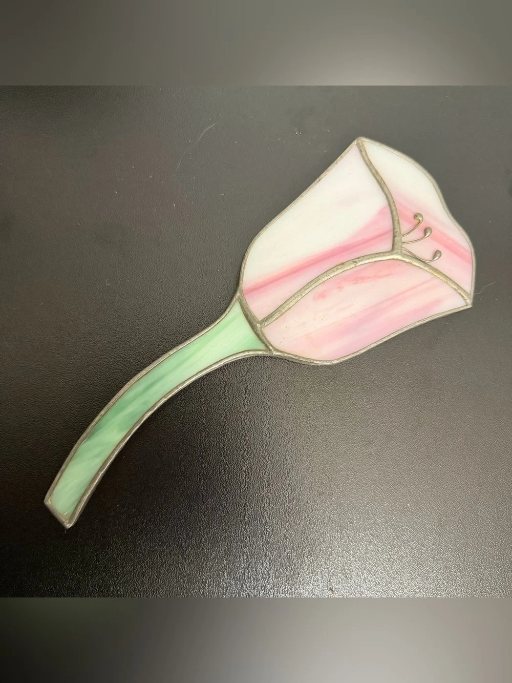 Vintage Stained Glass Tulip Hand Mirror Pink Flower Vanity Mirror Handmade